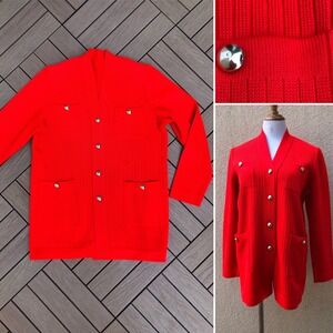 1970 Red Acrylic Knitted Cardigan with Gold color buttons, unmarked